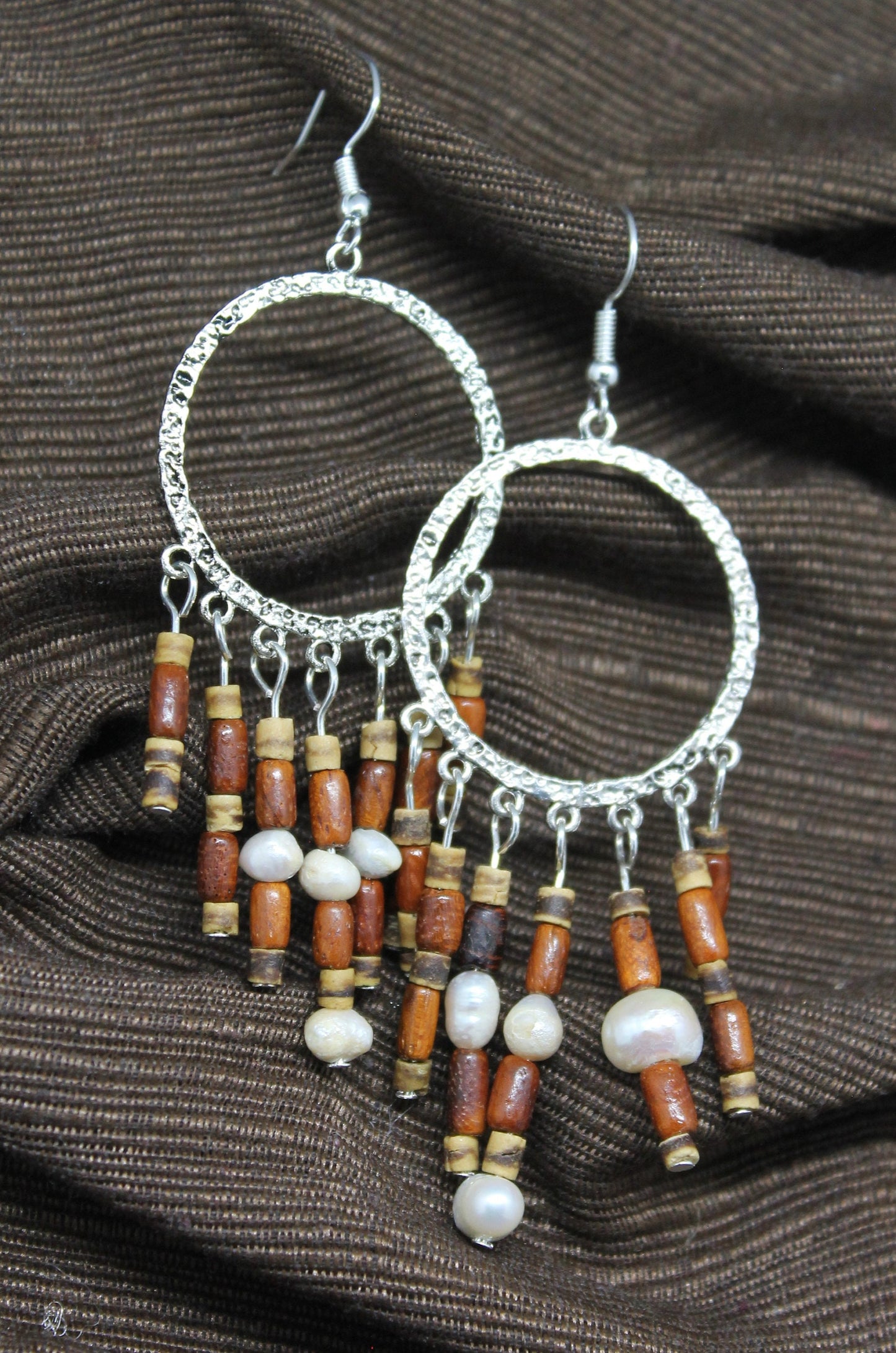 Freshwater Pearl and Natural Wood Bead Earrings
