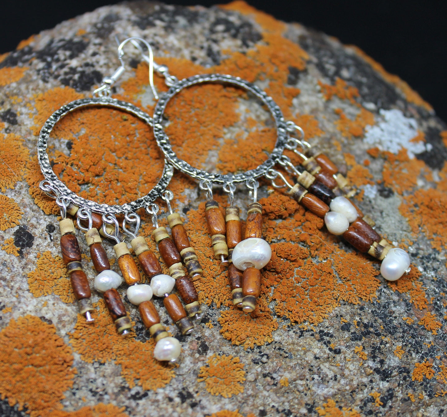 Freshwater Pearl and Natural Wood Bead Earrings